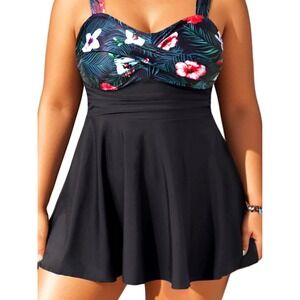 Aqua Eve Plus Size 28W Two Piece Swimsuit Tropical Floral Swim Dress Boy Shorts